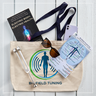An image of a Sonic Slider sound healing tuning fork,  Circuit Boot, Anatomy Map, Biofield Tuning book and canvas tote.