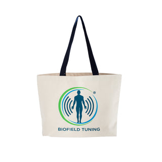 An image of the Biofield Tuning sound healing canvas tote bag with the company logo on the side of the bag.