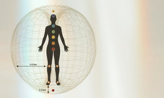 Biofield anatomy diagram of the human biofield, showing the body's energy field extending about three and a half feet out on each side.