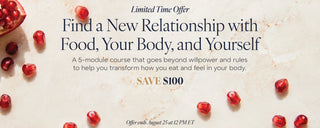 Promotional banner for a 5-module course titled 'Find a New Relationship with Food, Your Body, and Yourself' with text on a light marble background, accented by scattered pomegranate seeds and a pomegranate half in the top left corner.