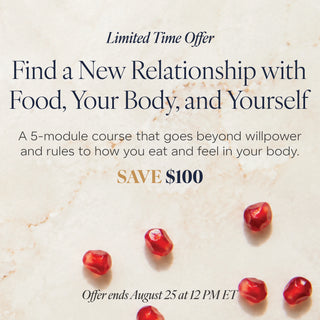 Promotional banner for a 5-module course titled 'Find a New Relationship with Food, Your Body, and Yourself' with text on a light marble background, accented by scattered pomegranate seeds and a pomegranate half in the top left corner.
