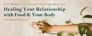 promotional banner for live sound healing journey with eileen mcKusick featuring a hand holding a leaf