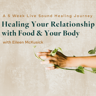 promotional graphic for a live sound healing journey with eileen mckusick featuring a hand holding a plant on a textured beige background