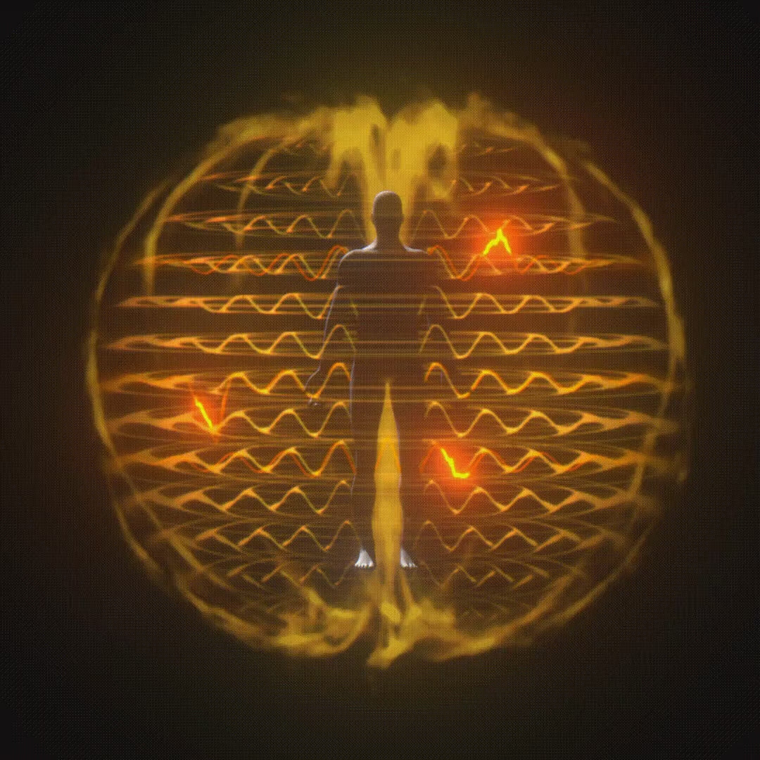 Animation of a human figure inside the biofield showing areas of dissonance